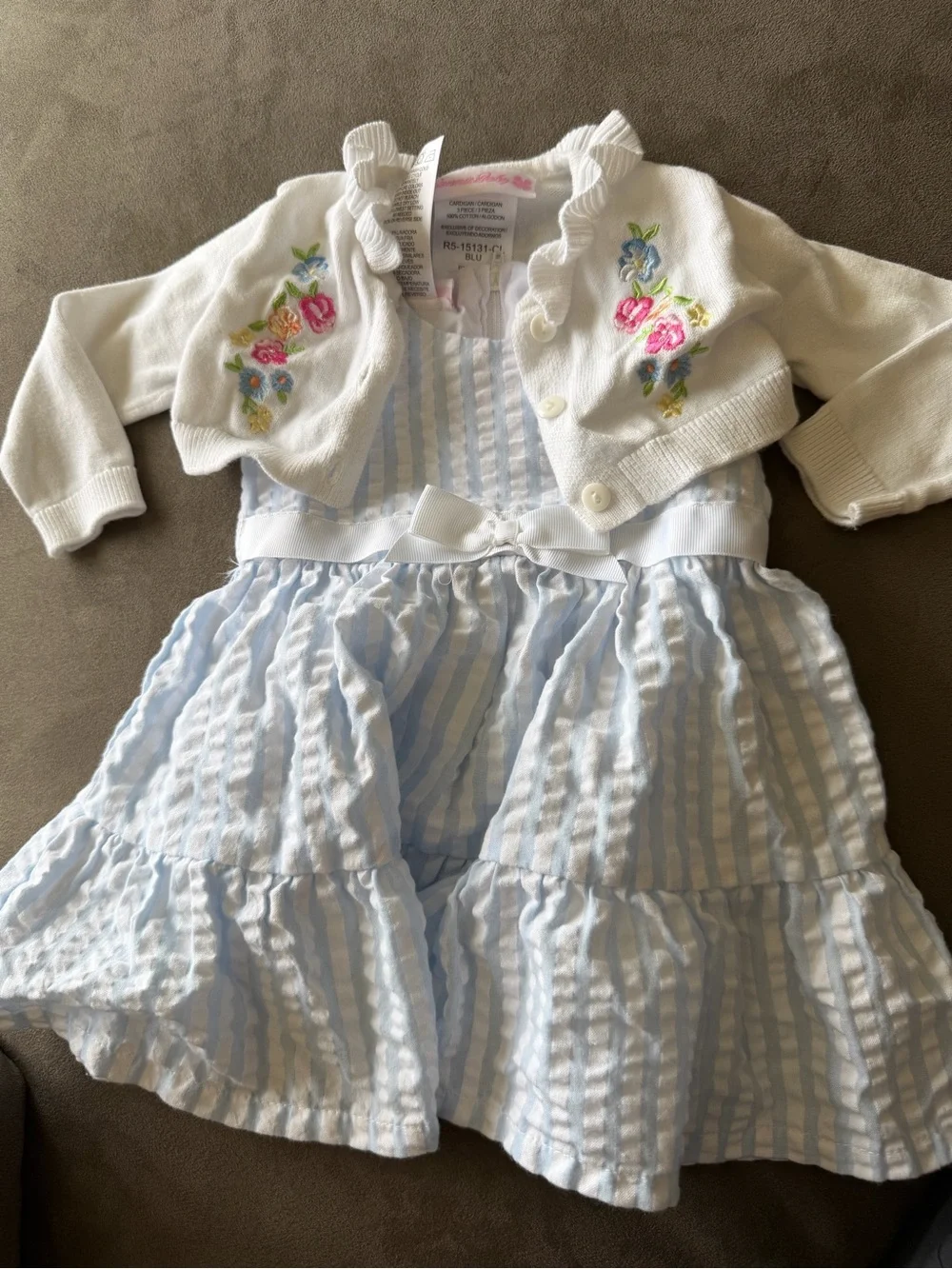 Bonnie Baby Girl Blue Striped Dress with Embroidered White Cardigan
